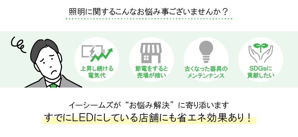 照明に関するこんなお悩み事ございませんか？
すでにLEDにしている店舗にも省エネ効果あり！